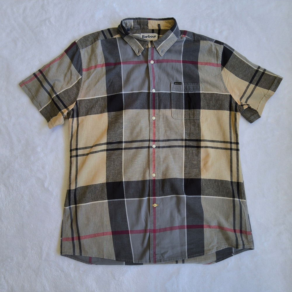 Barbour Button Down Shirt Mens Large Tartan Plaid Cotton Linen Tailored Fit READ - Picture 2 of 8
